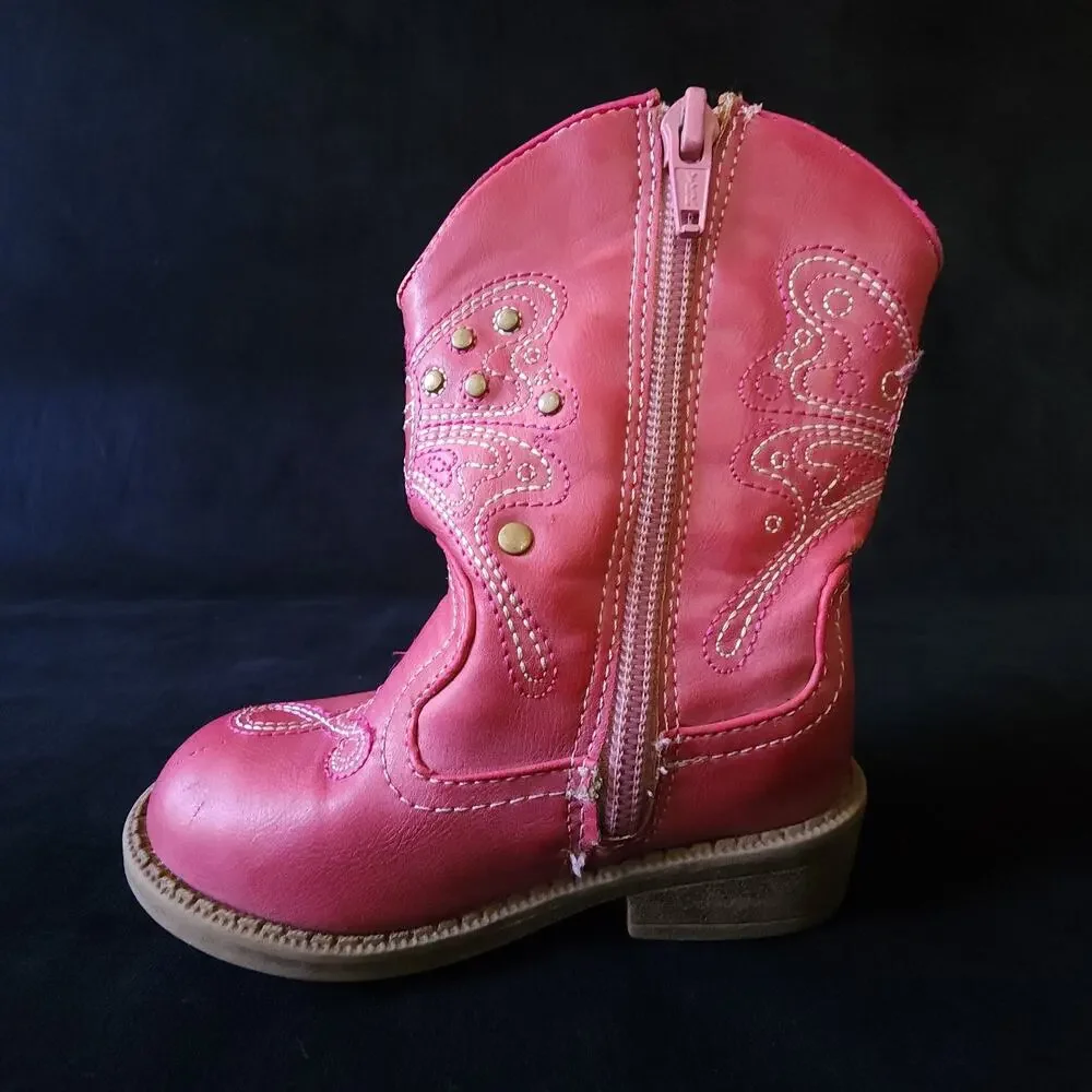 Cherokee Little Girls Western Cowgirl Boots Round Toe Pink Butterfly Size 6